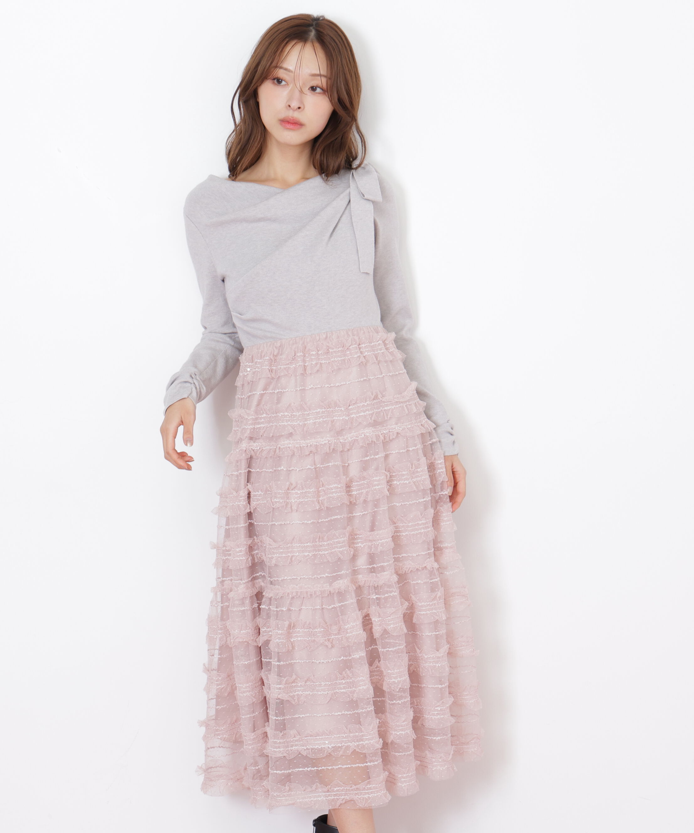  「フリルチュールドッキングワンピース」|ワンピース|グレー