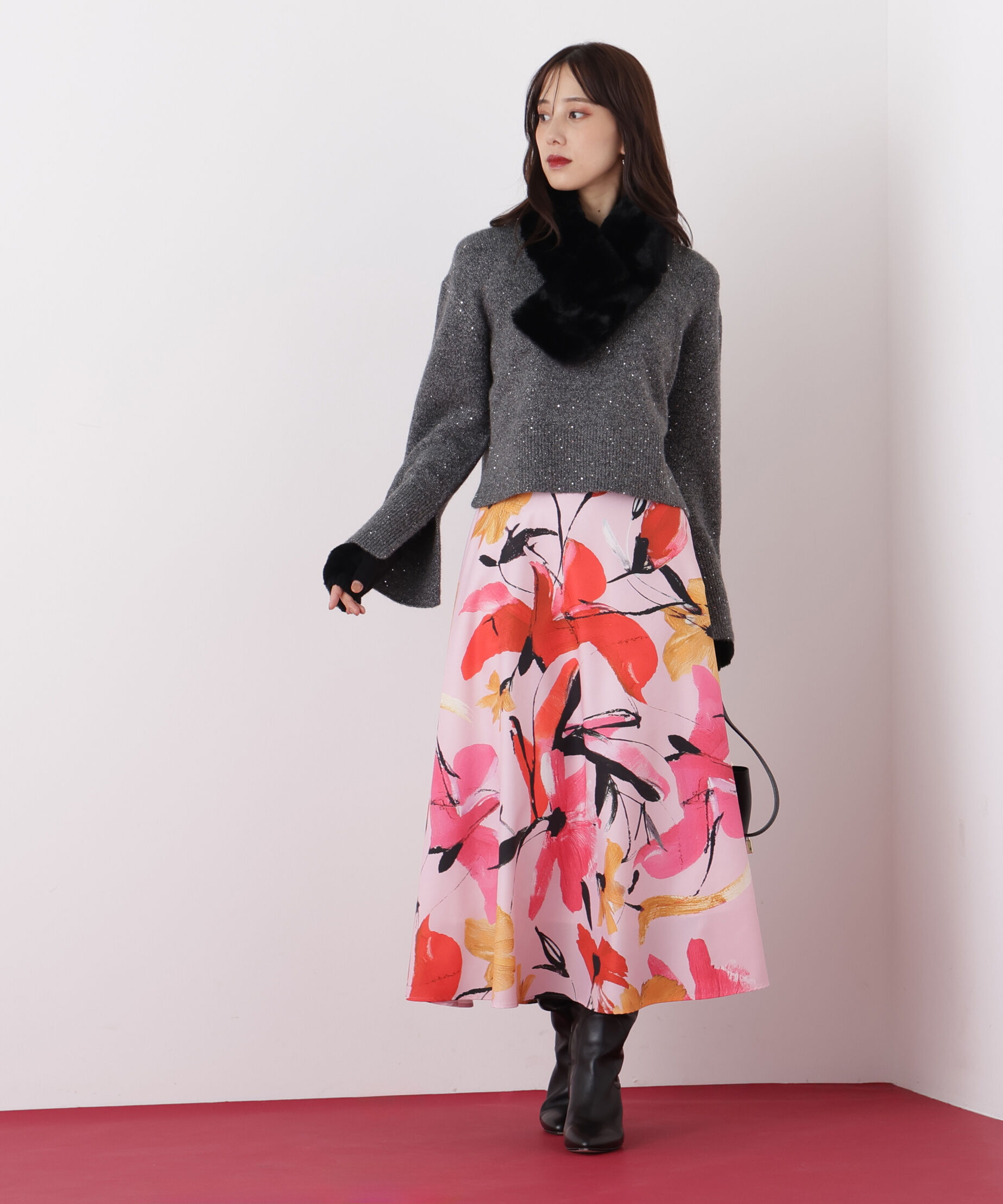  「◆フラワープリントタフタフレアースカート」|スカート|