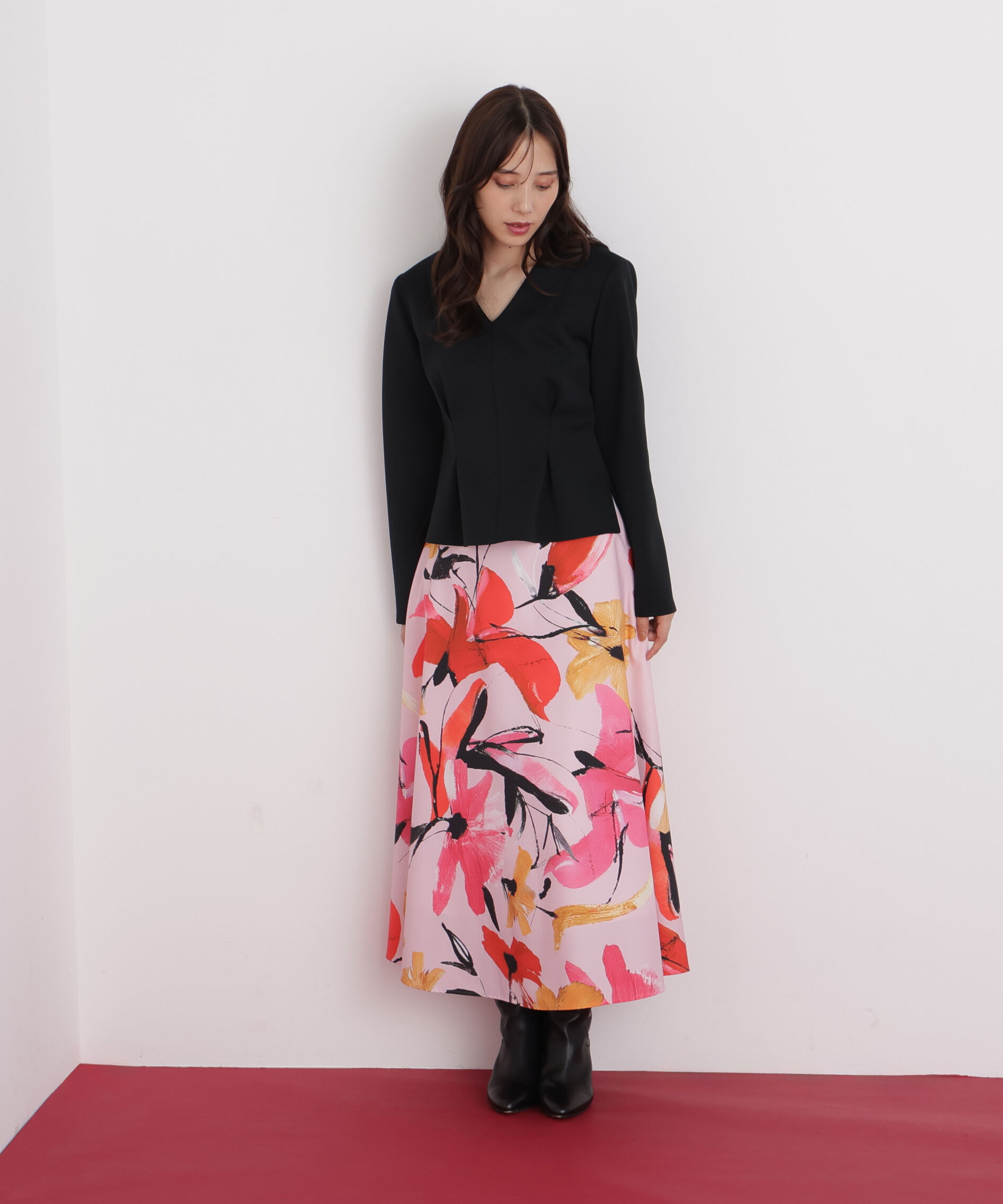  「◆フラワープリントタフタフレアースカート」|スカート|