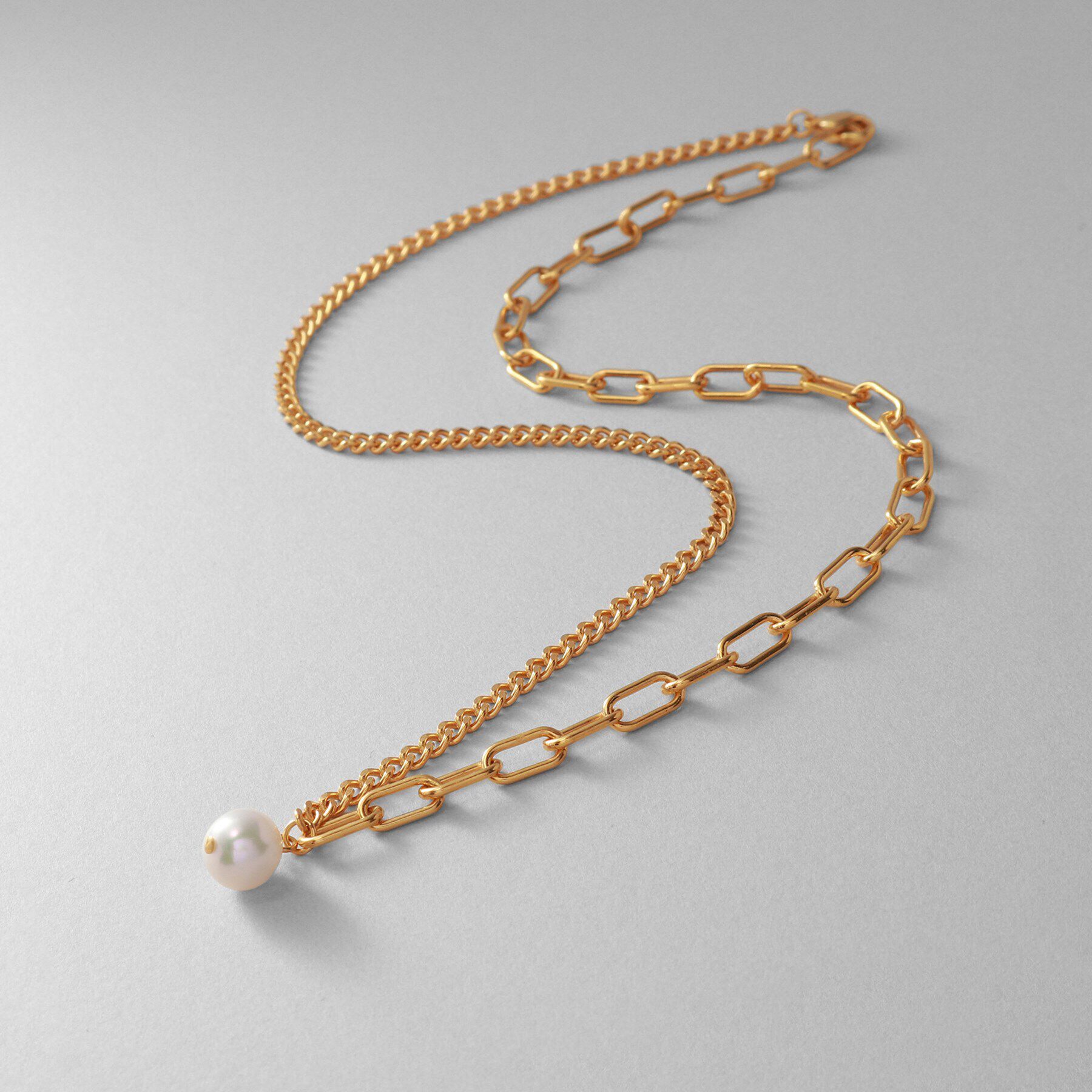 COCOSHNIK ONKITSCH「シルバー ミックスチェーン ケーブル・カーブ パールネックレス GP」|ネックレス|