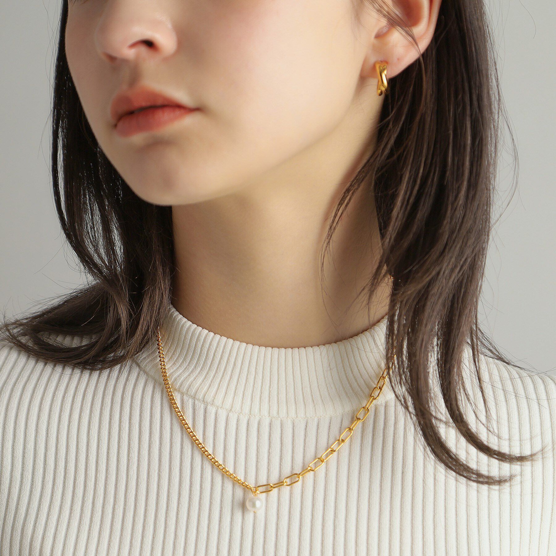 COCOSHNIK ONKITSCH「シルバー ミックスチェーン ケーブル・カーブ パールネックレス GP」|ネックレス|