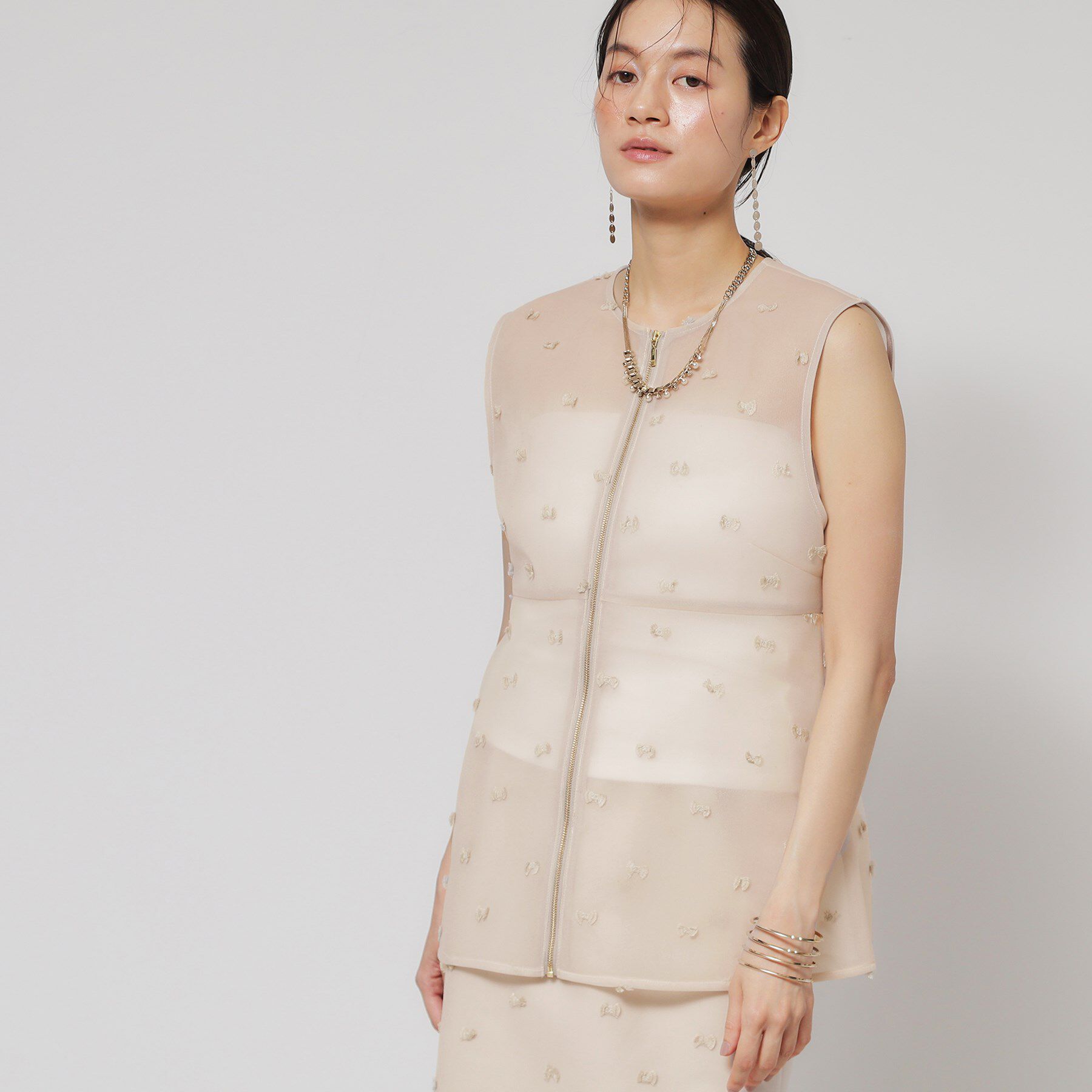 SunaUna「【ペプラム／ジップアップ】リボンジャカードトップス」|シャツ・ブラウス|