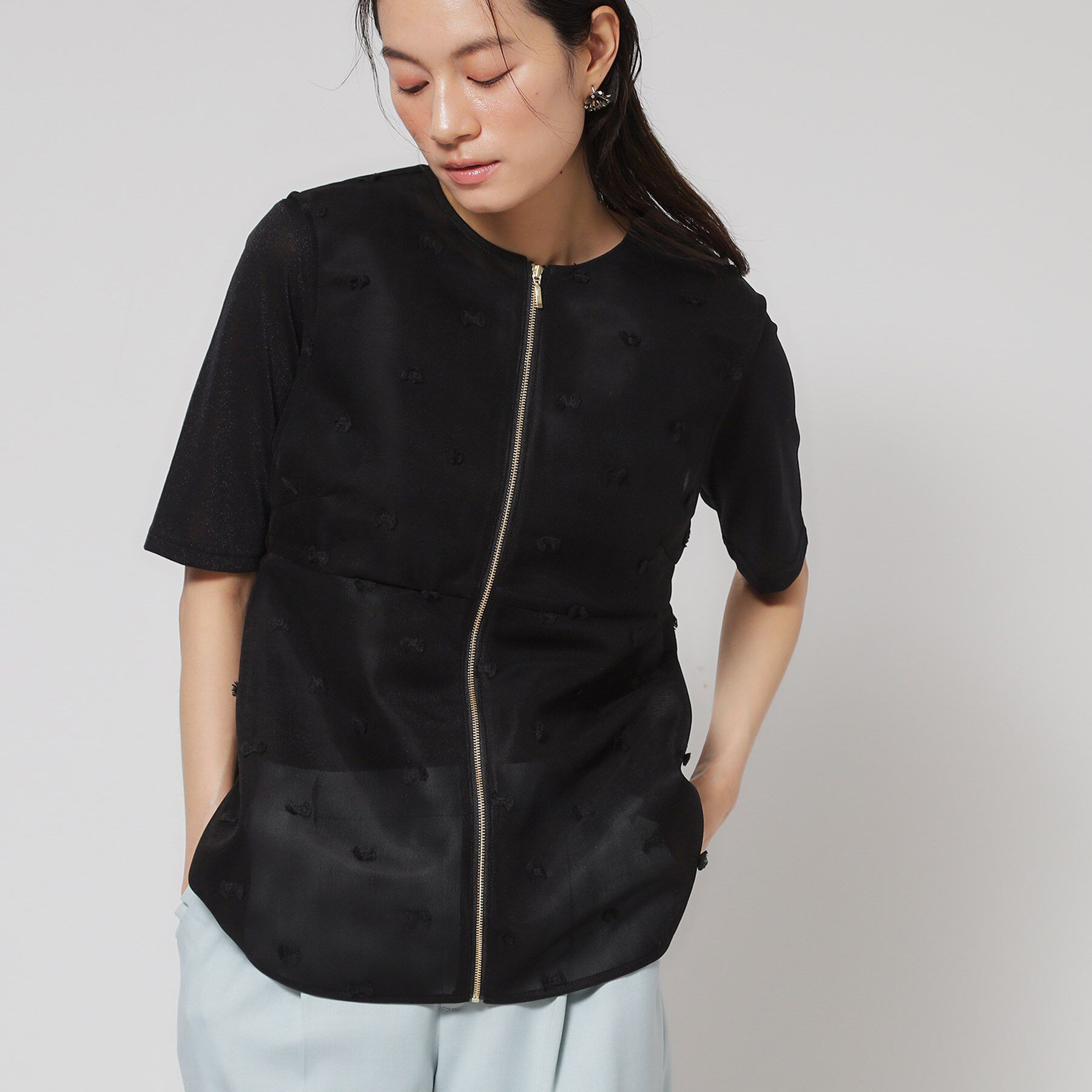 SunaUna「【ペプラム／ジップアップ】リボンジャカードトップス」|シャツ・ブラウス|