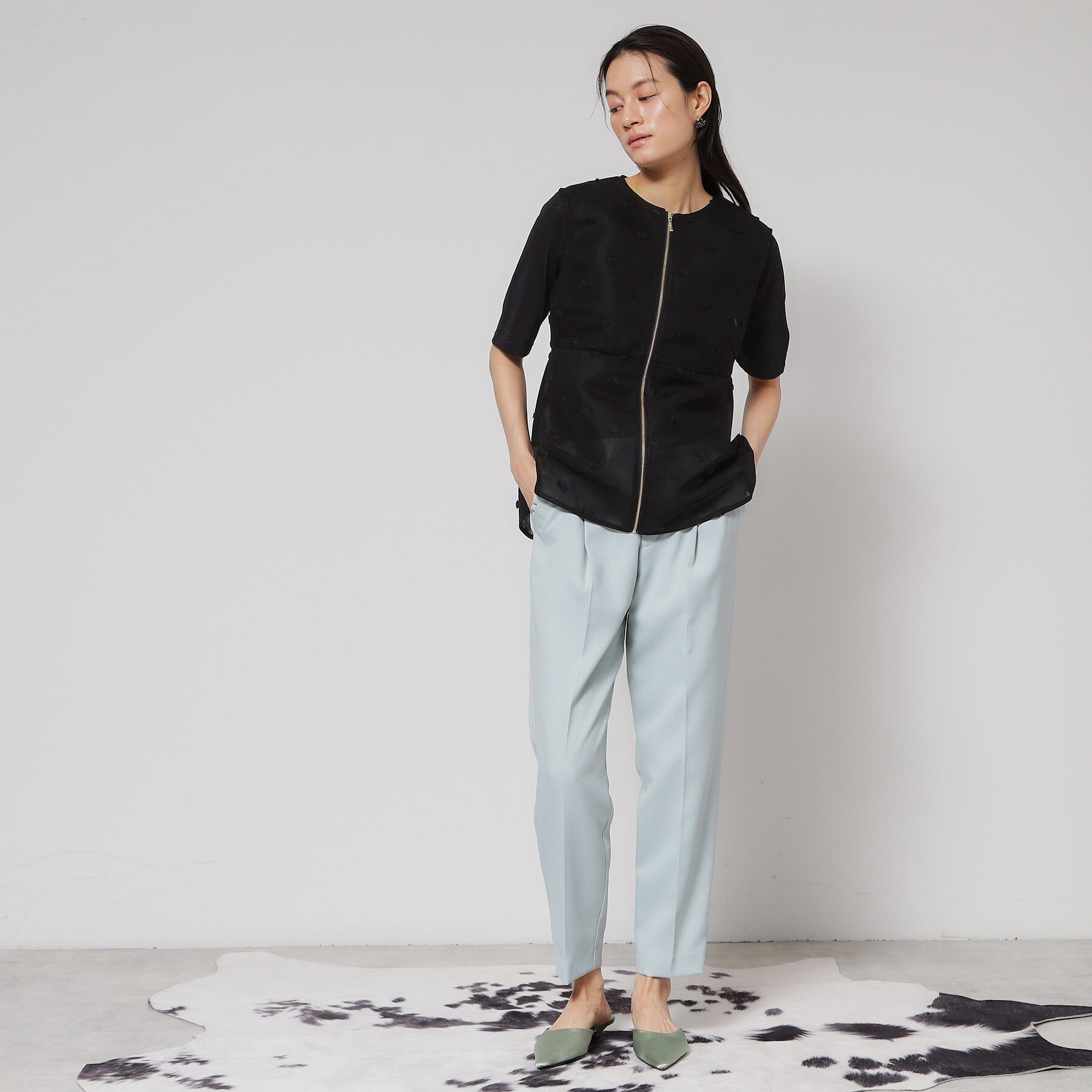 SunaUna「【ペプラム／ジップアップ】リボンジャカードトップス」|シャツ・ブラウス|