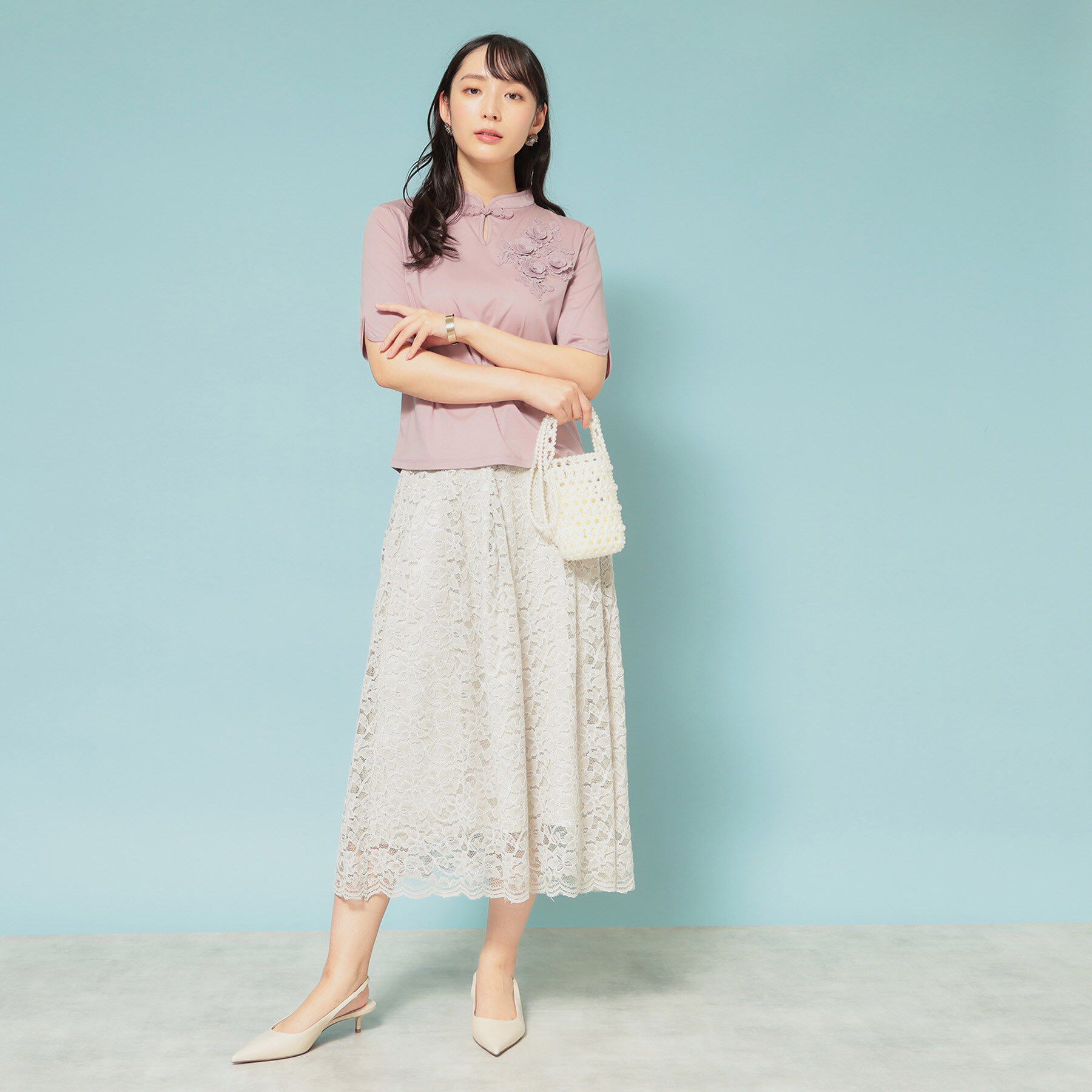 SunaUna「【5分袖／チャイナカラー】半袖プルオーバー」|Tシャツ・カットソー|