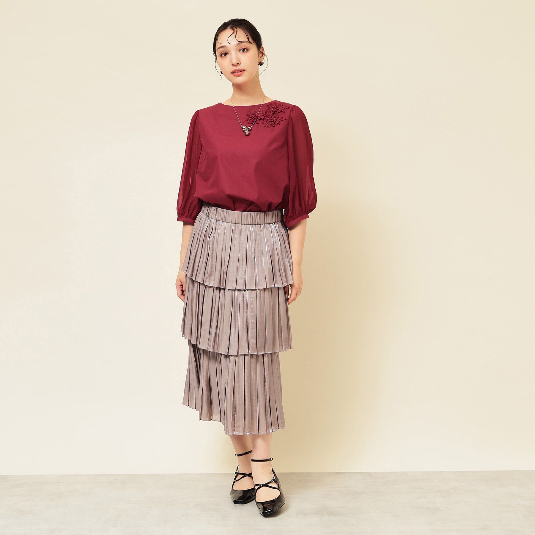 SunaUna「【フラワーモチーフ付き／袖シフォン】肘下丈ブラウス」|シャツ・ブラウス|