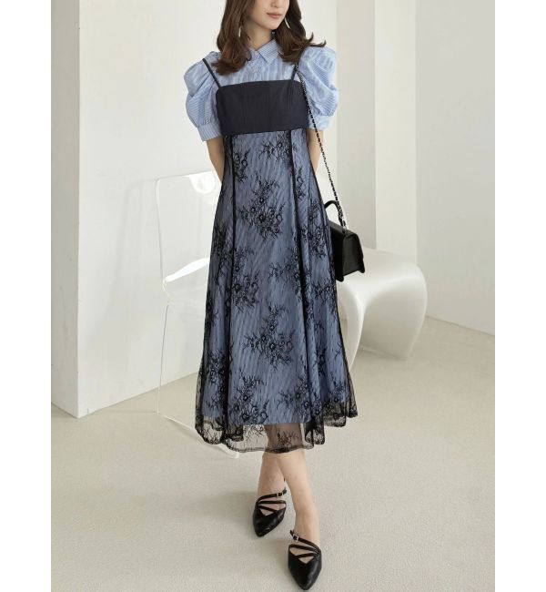 MERCURYDUO「ビスチェドッキングパワショルシャツワンピース」|ワンピース|アイスブルー