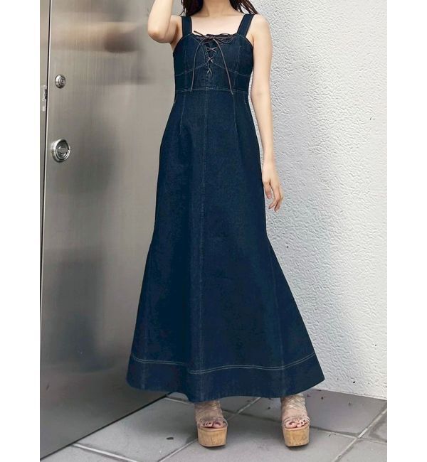 MERCURYDUO「デニムレースアップジャンスカ」|ジャンパースカート|インディゴ