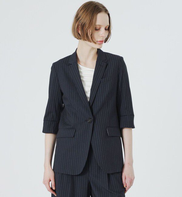  「ウォッシャブルストライプハーフスリーブジャケット」|テーラードジャケット|