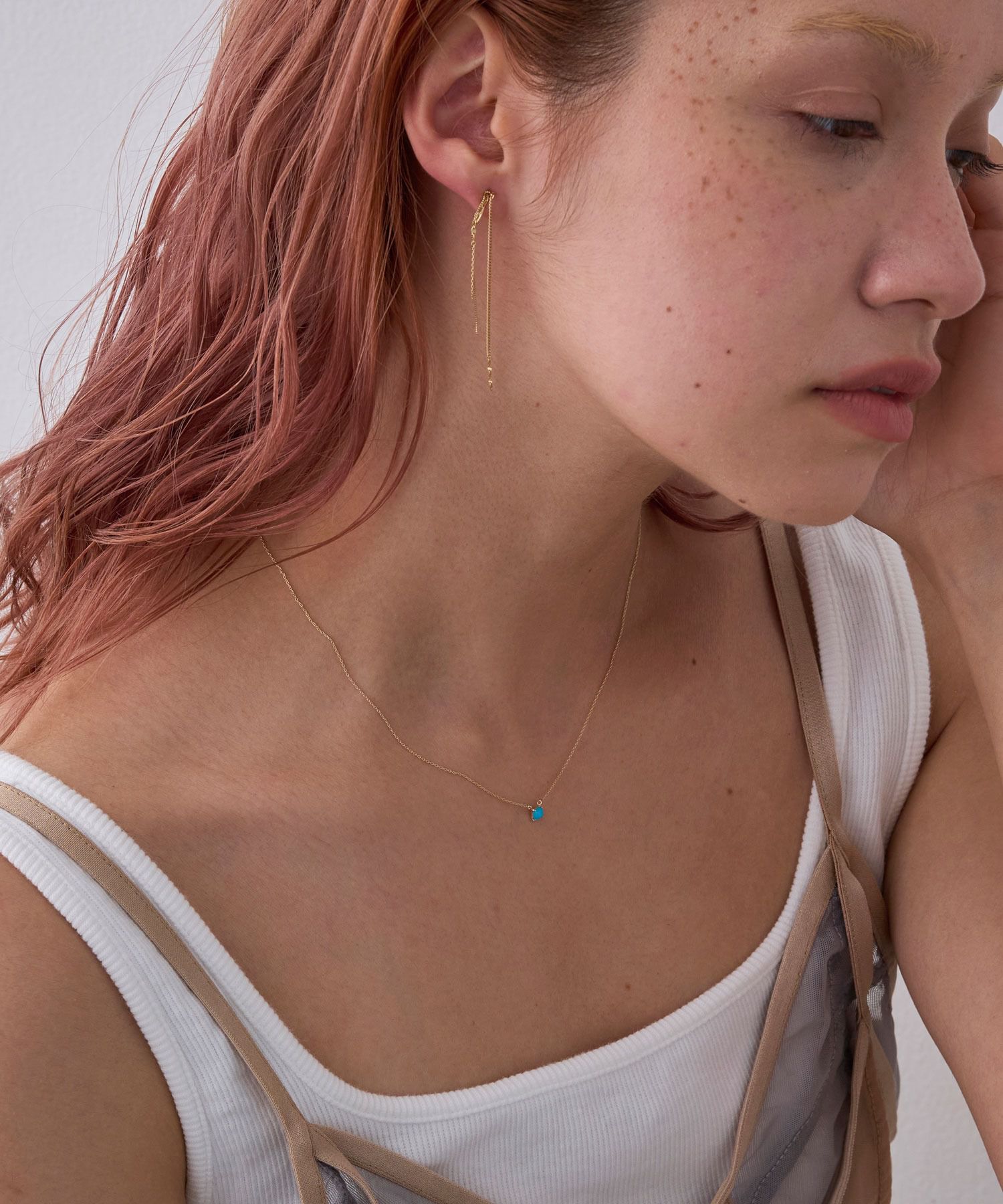 JUPITER「【K10】天然石スタッドネックレス/誕生石＜全長40㎝(調節した時の長さ 37㎝）>ターコイズ」|ネックレス|