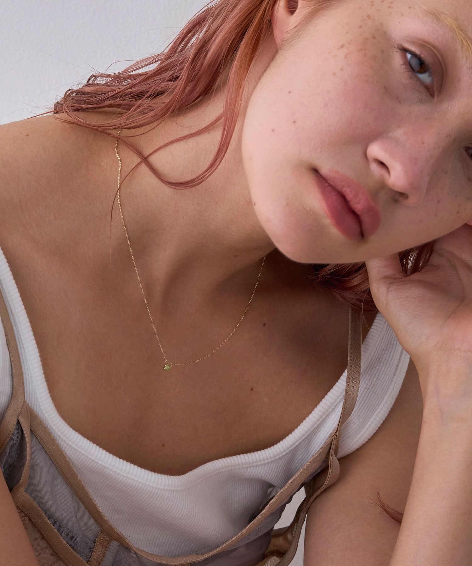 JUPITER「【K10】天然石スタッドネックレス/誕生石＜全長40㎝(調節した時の長さ 37㎝）>ペリドット」|ネックレス|