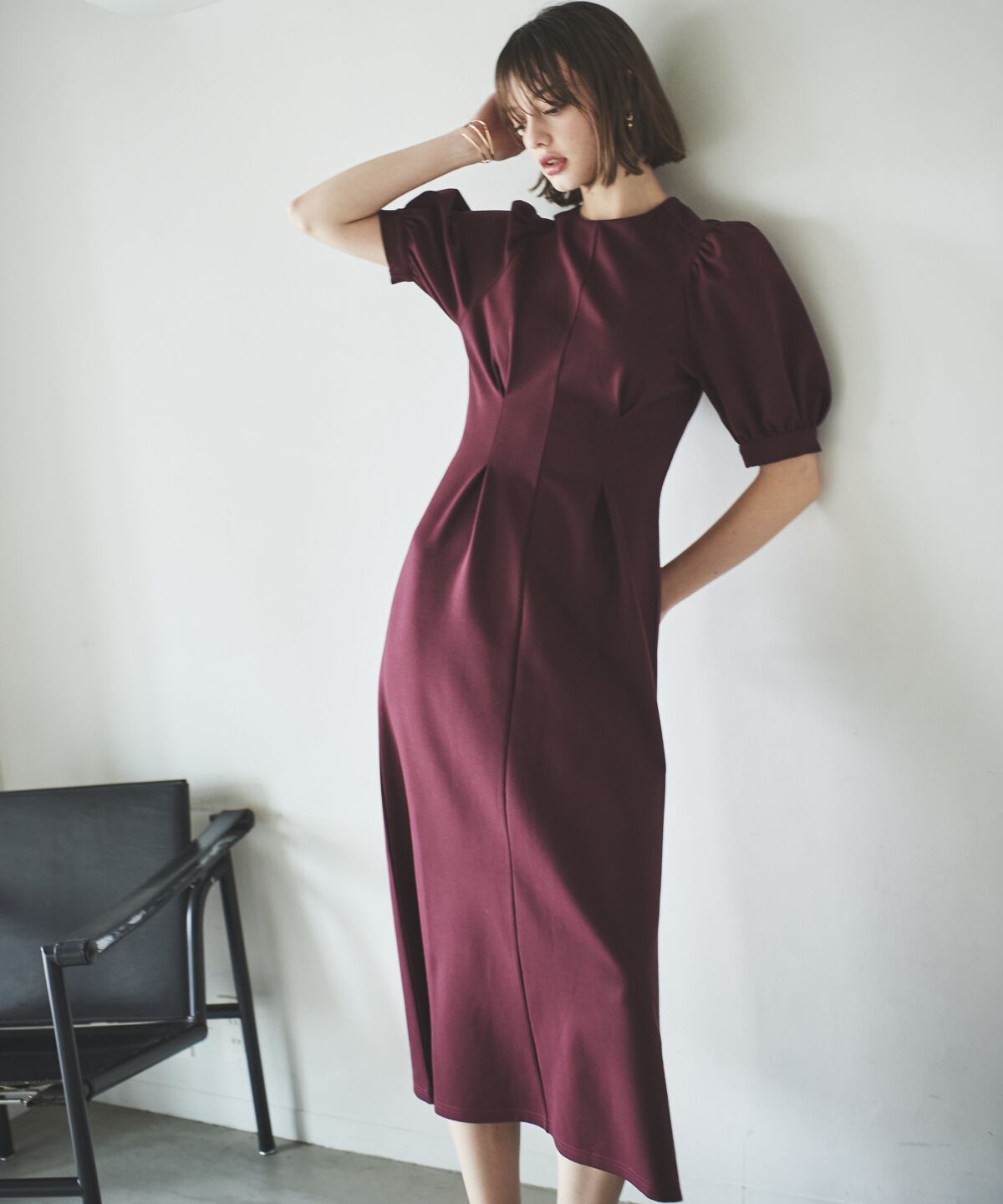 アンドクチュール「ポンチウエストタックワンピース」|ワンピース|ボルドー