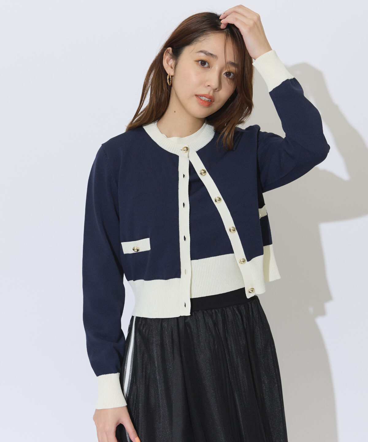 アンドクチュール「配色ニットアンサンブル」|カーディガン|ネイビー