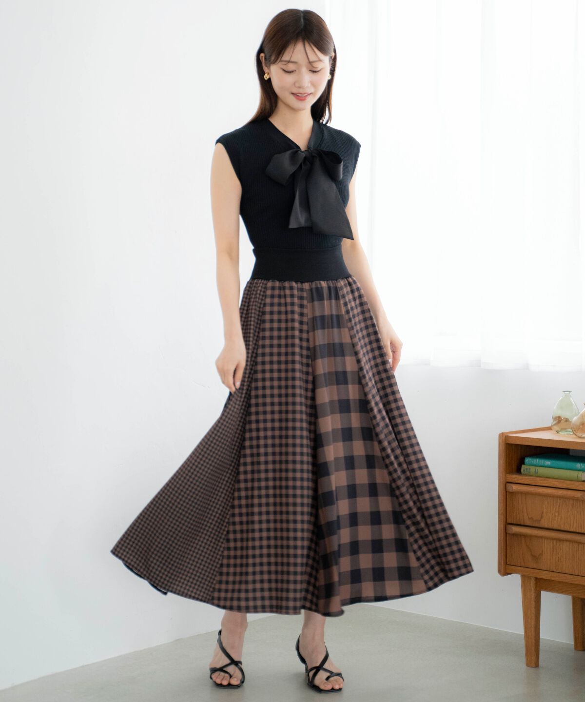 アンドクチュール「ギンガムMIXロングスカート」|フレア|茶系チェック