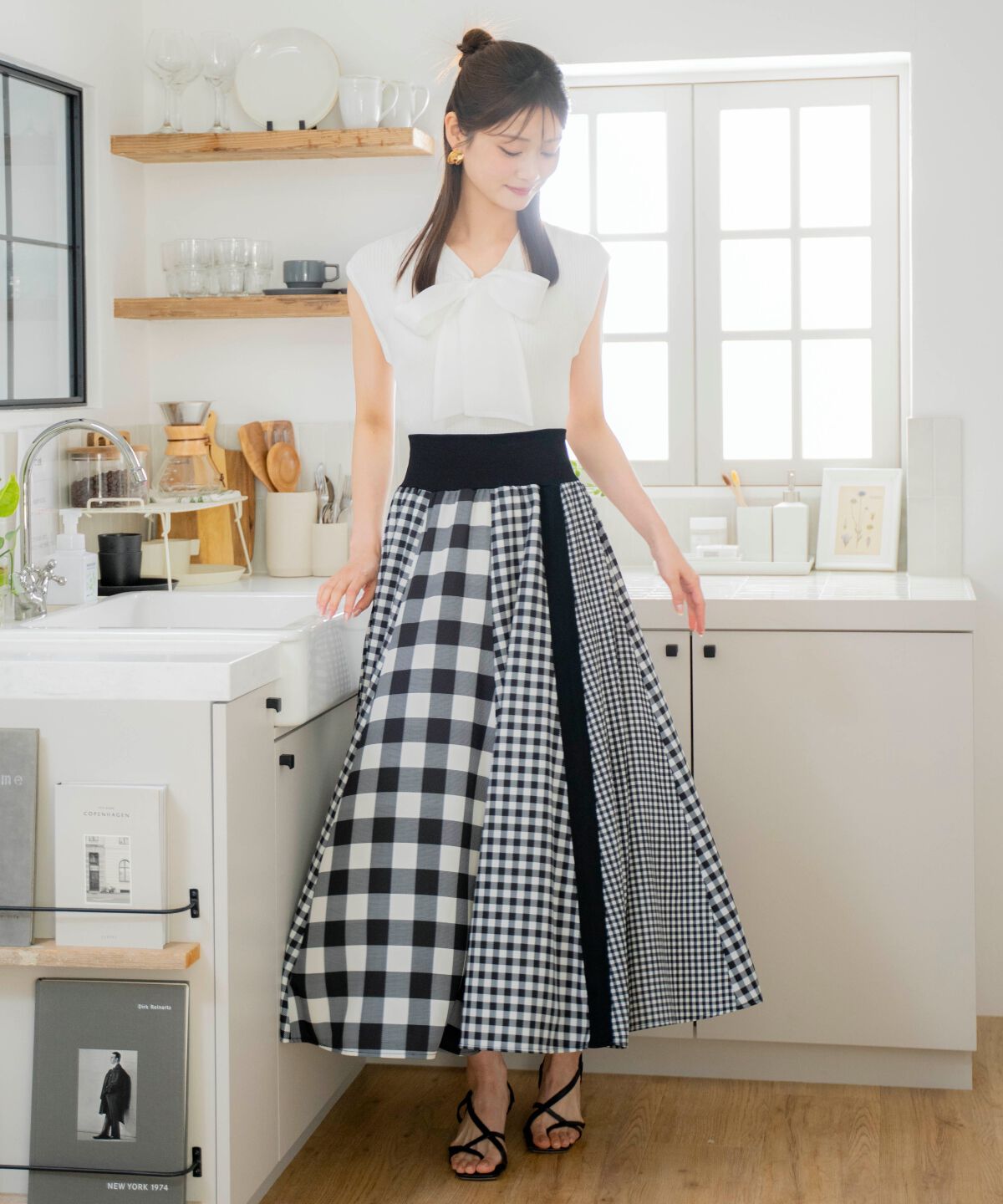 アンドクチュール「ギンガムMIXロングスカート」|フレア|