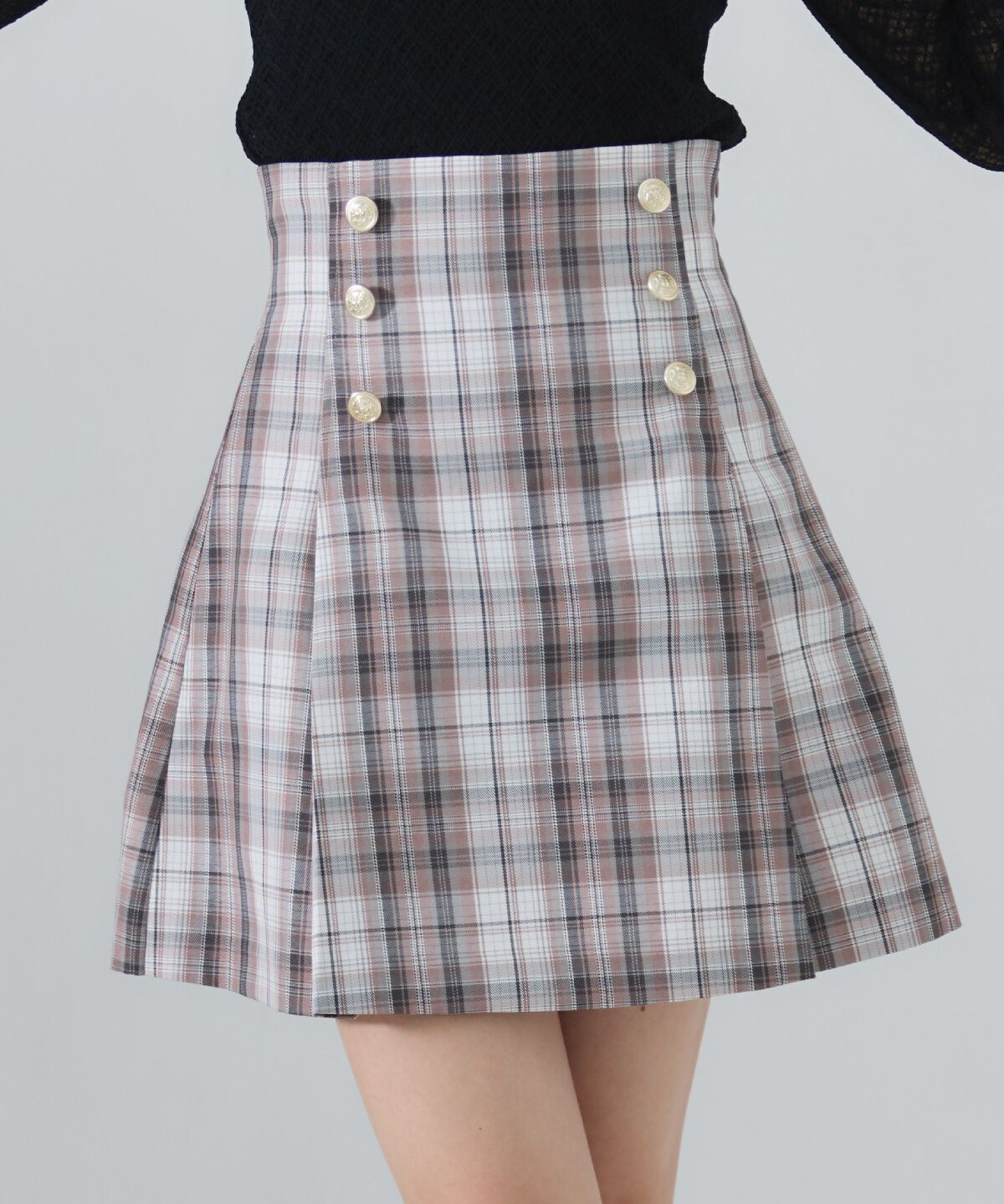 REDYAZEL「ダブルボタンチェックミニスカート」|フレア|