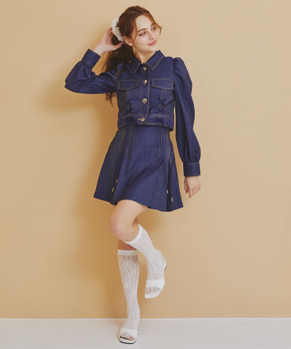 REDYAZEL「デニムライクタックプリーツミニスカート」|フレア|