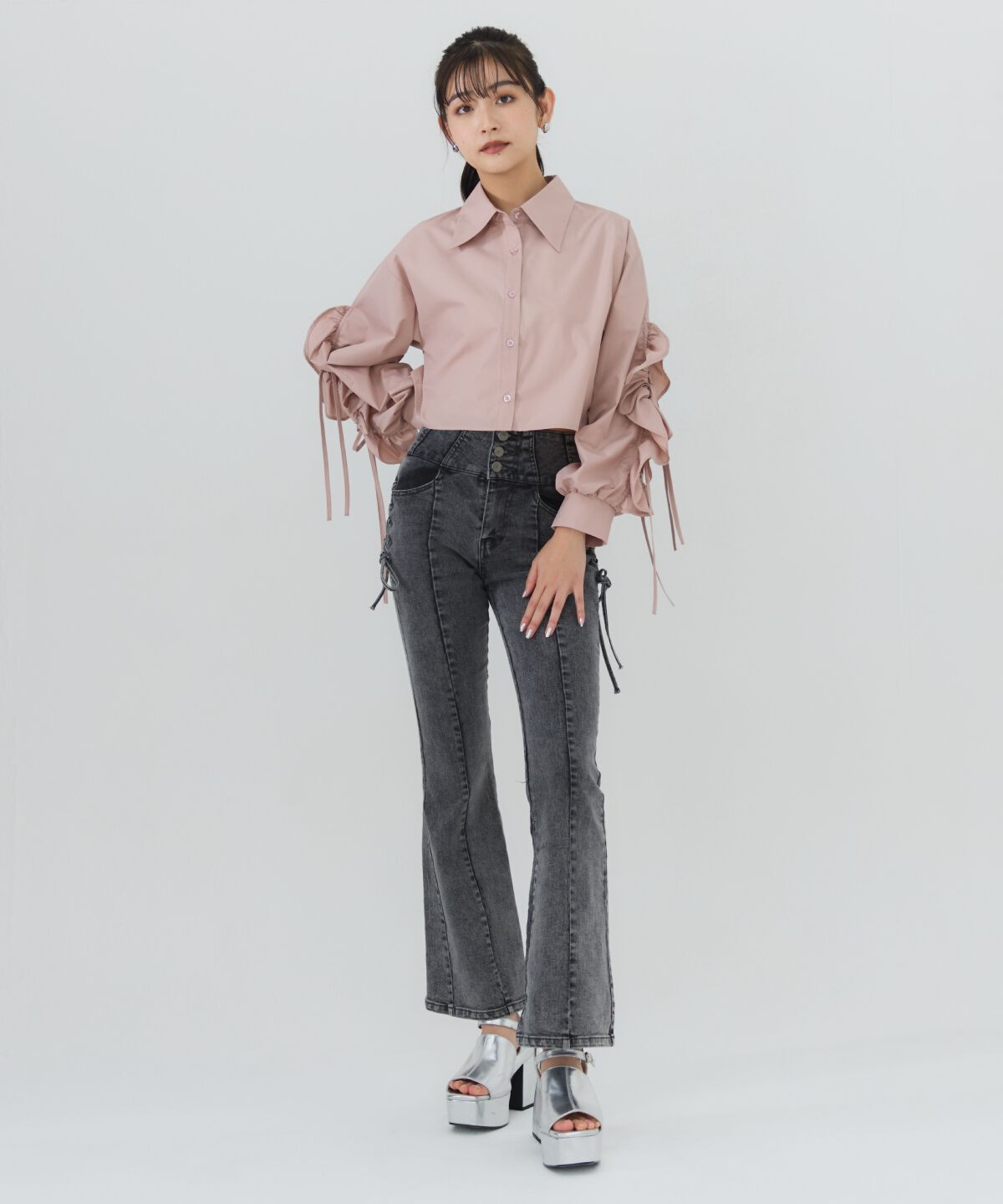 REDYAZEL「サイドリボンレースアップフレアデニムパンツ」|デニム|