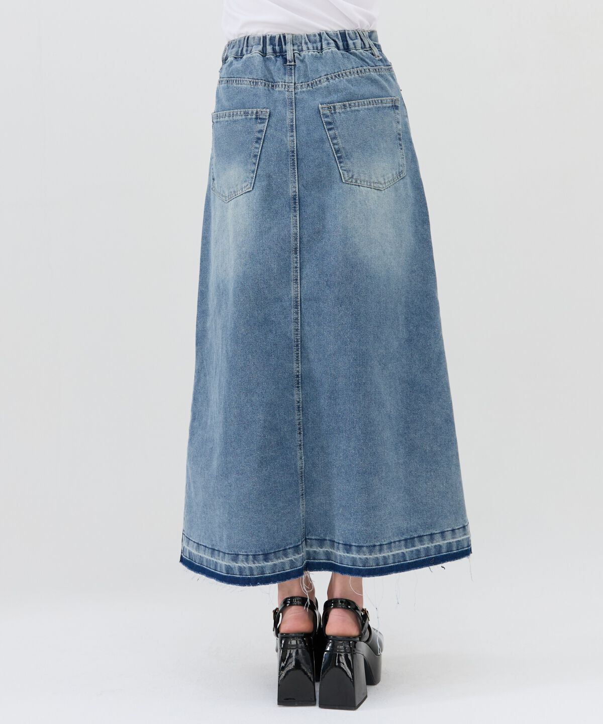 REDYAZEL「リメイク風フリンジヘムデニムロングスカート」|タイト|