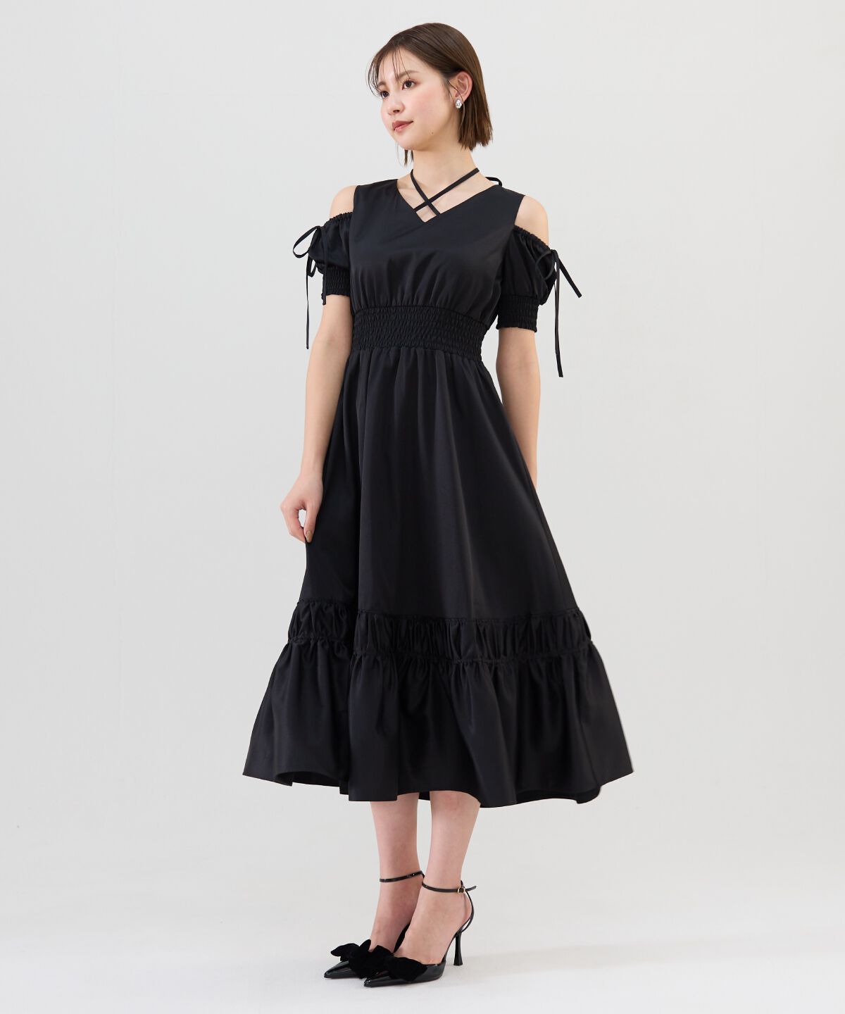 REDYAZEL「シャーリングオープンショルダーワンピース」|ワンピース|