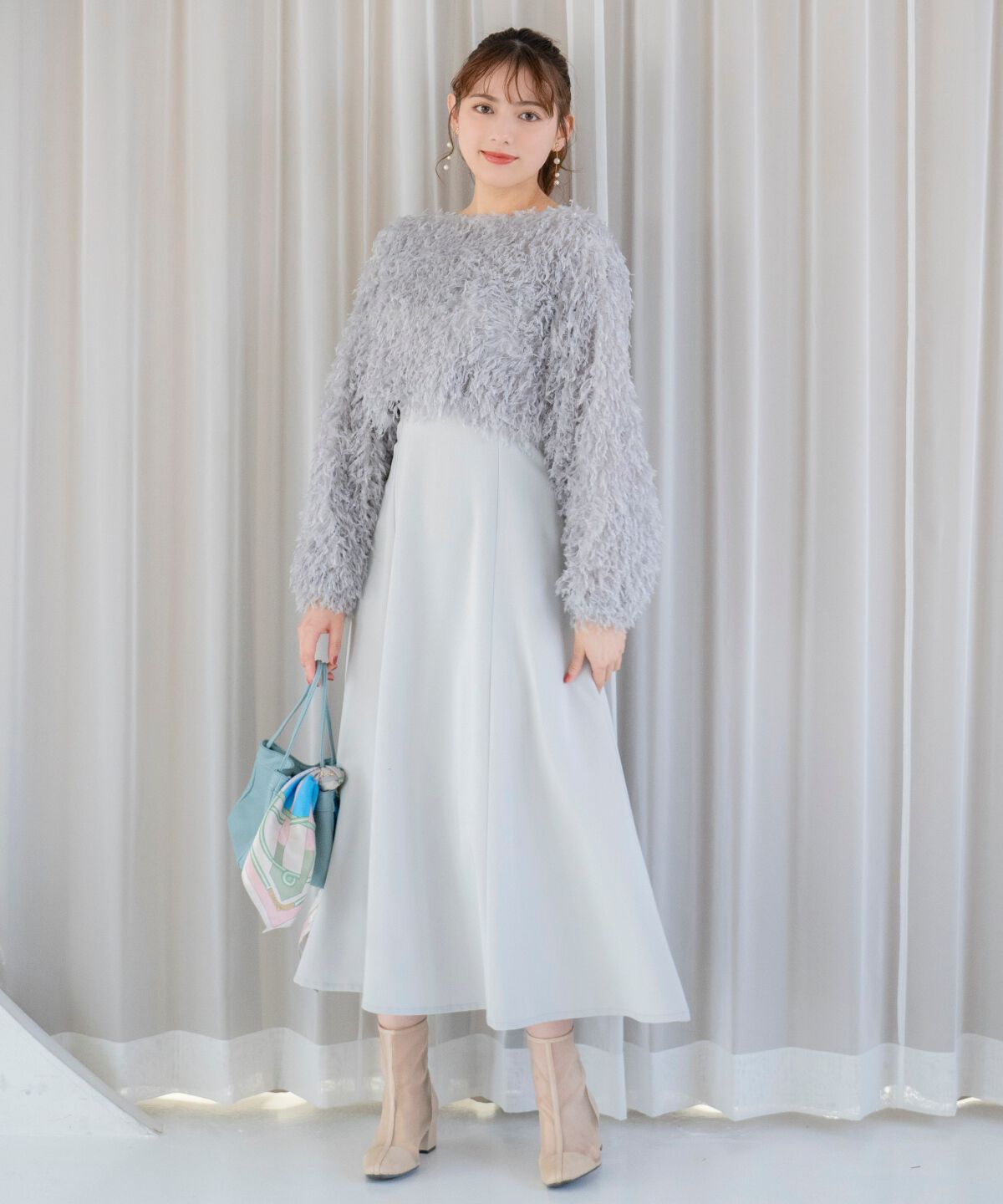 WILLSELECTION「リボンヤーンシャギーニット&times;ワンピース」|ワンピース|ブルー