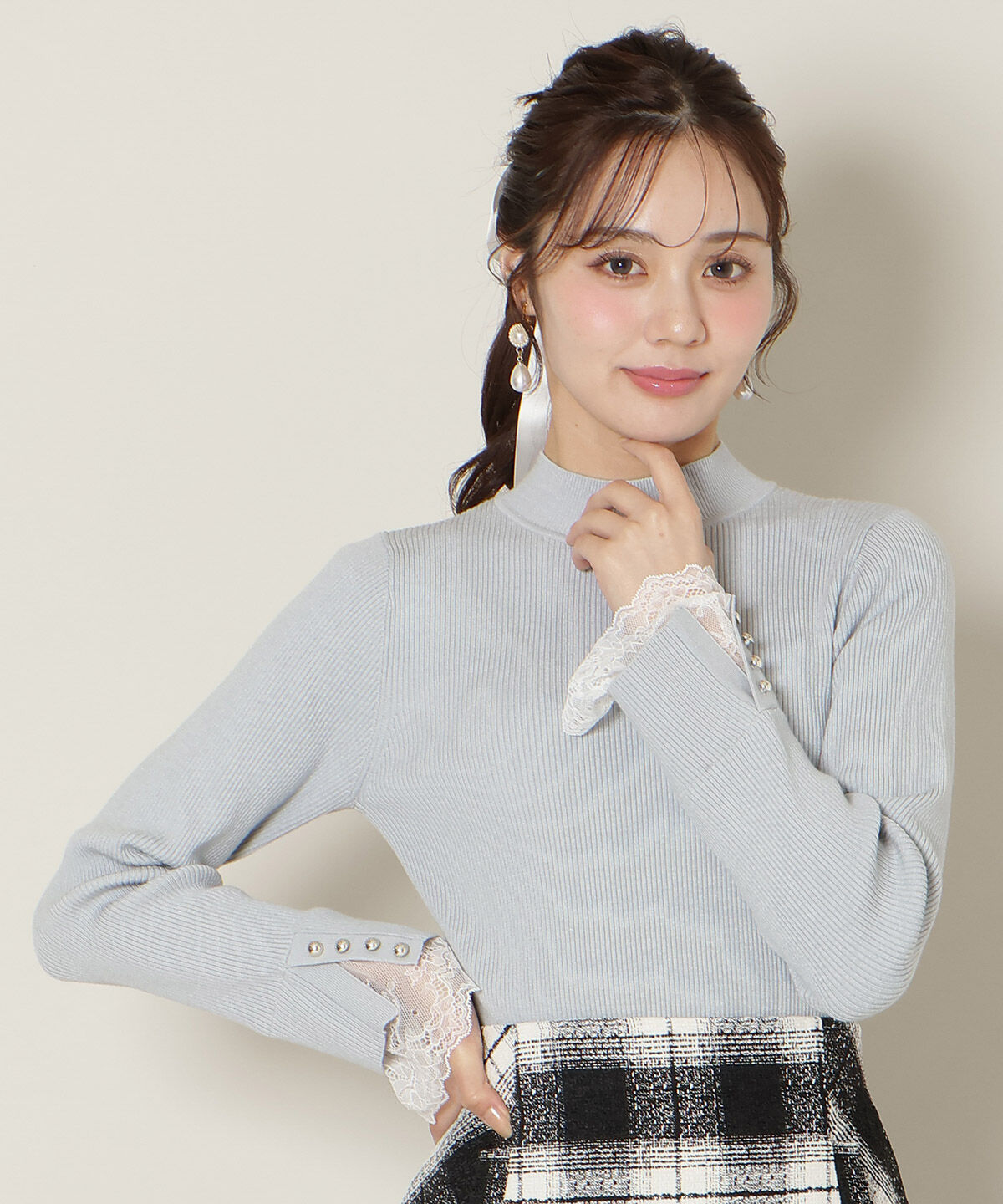 WILLSELECTION「袖口レースハイネックリブニット」|ニット・セーター|サックス