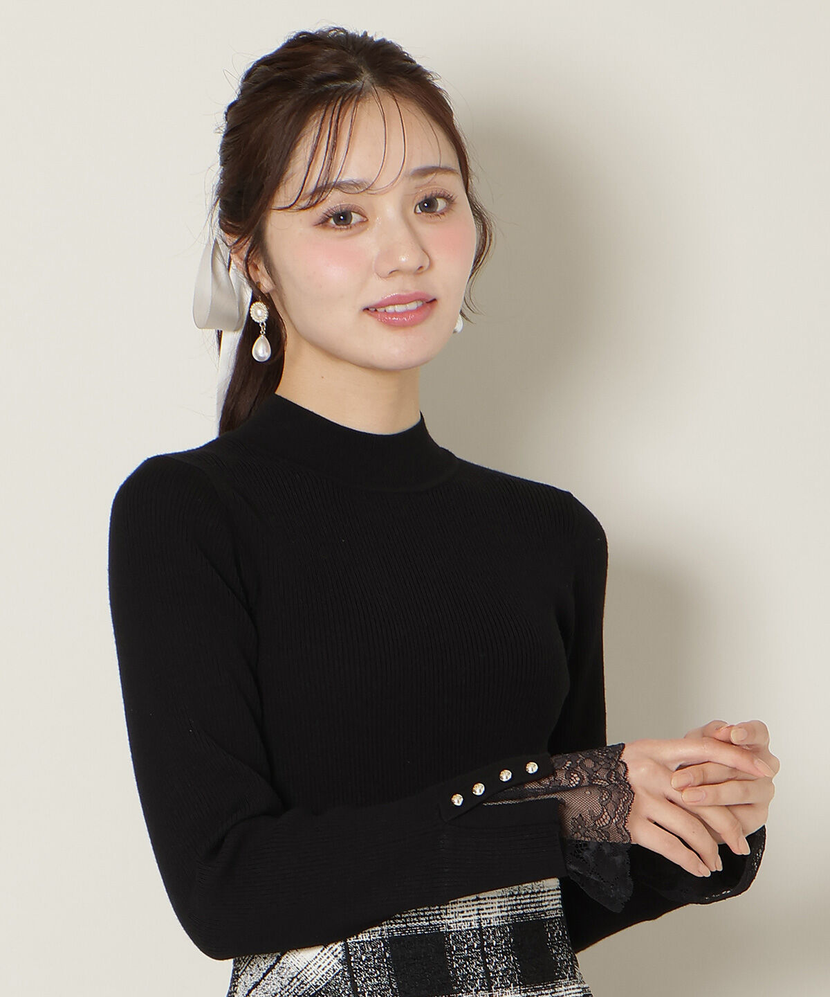 WILLSELECTION「袖口レースハイネックリブニット」|ニット・セーター|ブラック