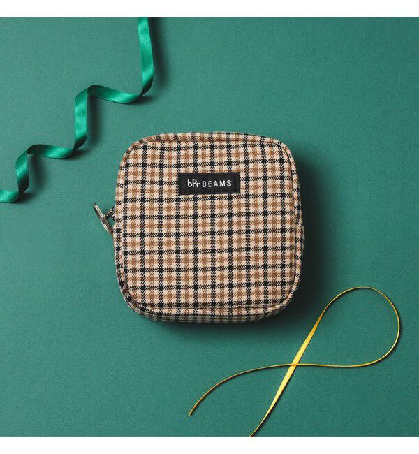 BEAMS「チェック ポーチ M」|ポーチ|BEIGE&times;BLACK