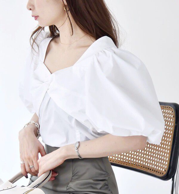 quaranciel「quaranciel:〈洗濯機可能〉タイプライター ツイスト ボリュームスリーブ ブラウス」|シャツ・ブラウス|ホワイト