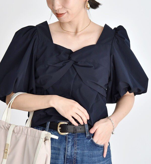 quaranciel「quaranciel:〈洗濯機可能〉タイプライター ツイスト ボリュームスリーブ ブラウス」|シャツ・ブラウス|ネイビー