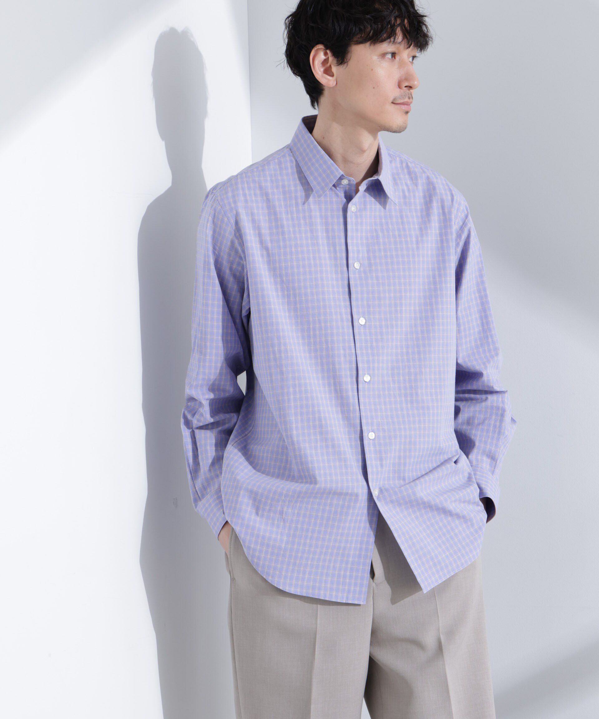  「タイプライターチェックステンカラーシャツ　長袖」|シャツ・ブラウス|