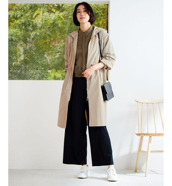 自由区「【撥水加工・UVケア・洗える】ライトグログランフーデッド コート」|ミリタリー・モッズコート|ベージュ