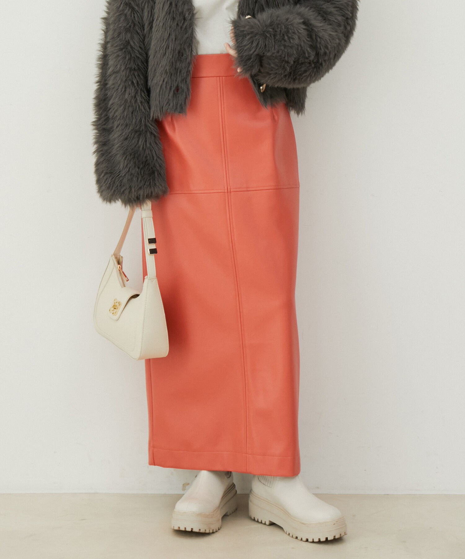 VIS「フェイクレザーIラインロングスカート」|スカート|オレンジ系(71)