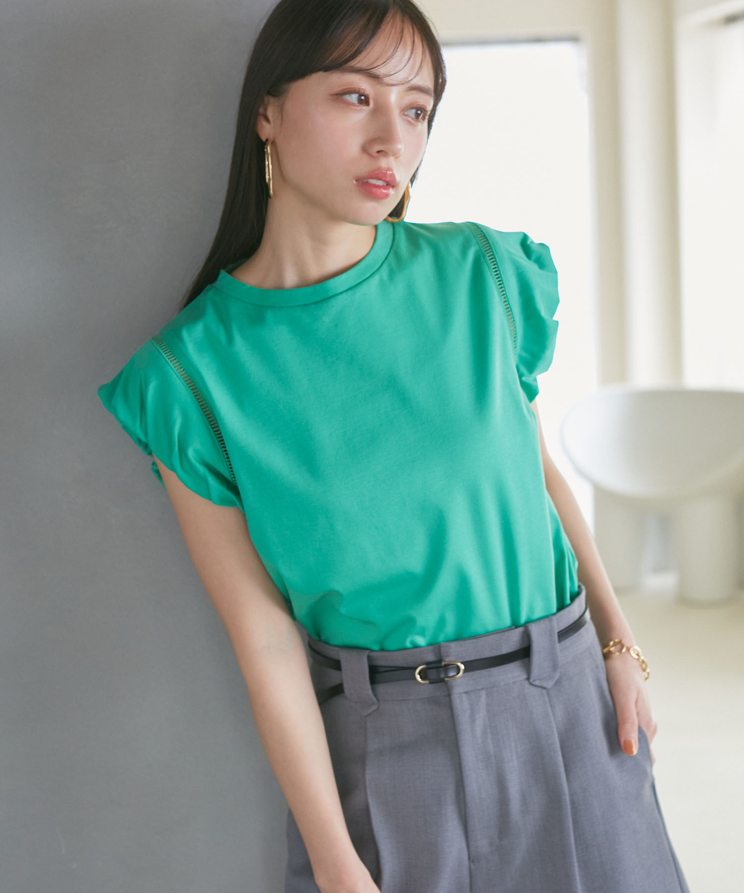 VIS「【洗える】シルケットポイントレースカットソー」|Tシャツ・カットソー|