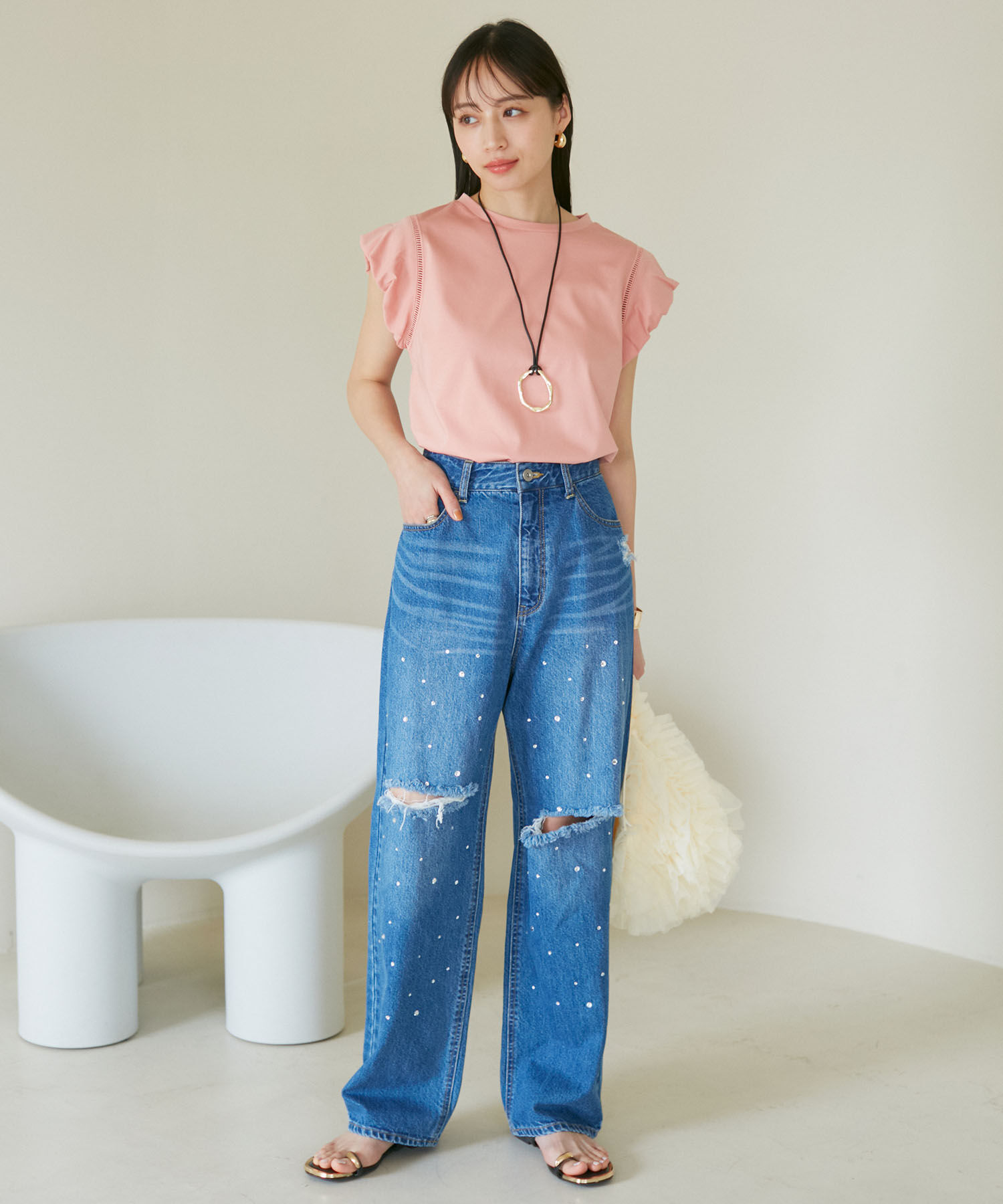 VIS「【洗える】シルケットポイントレースカットソー」|Tシャツ・カットソー|