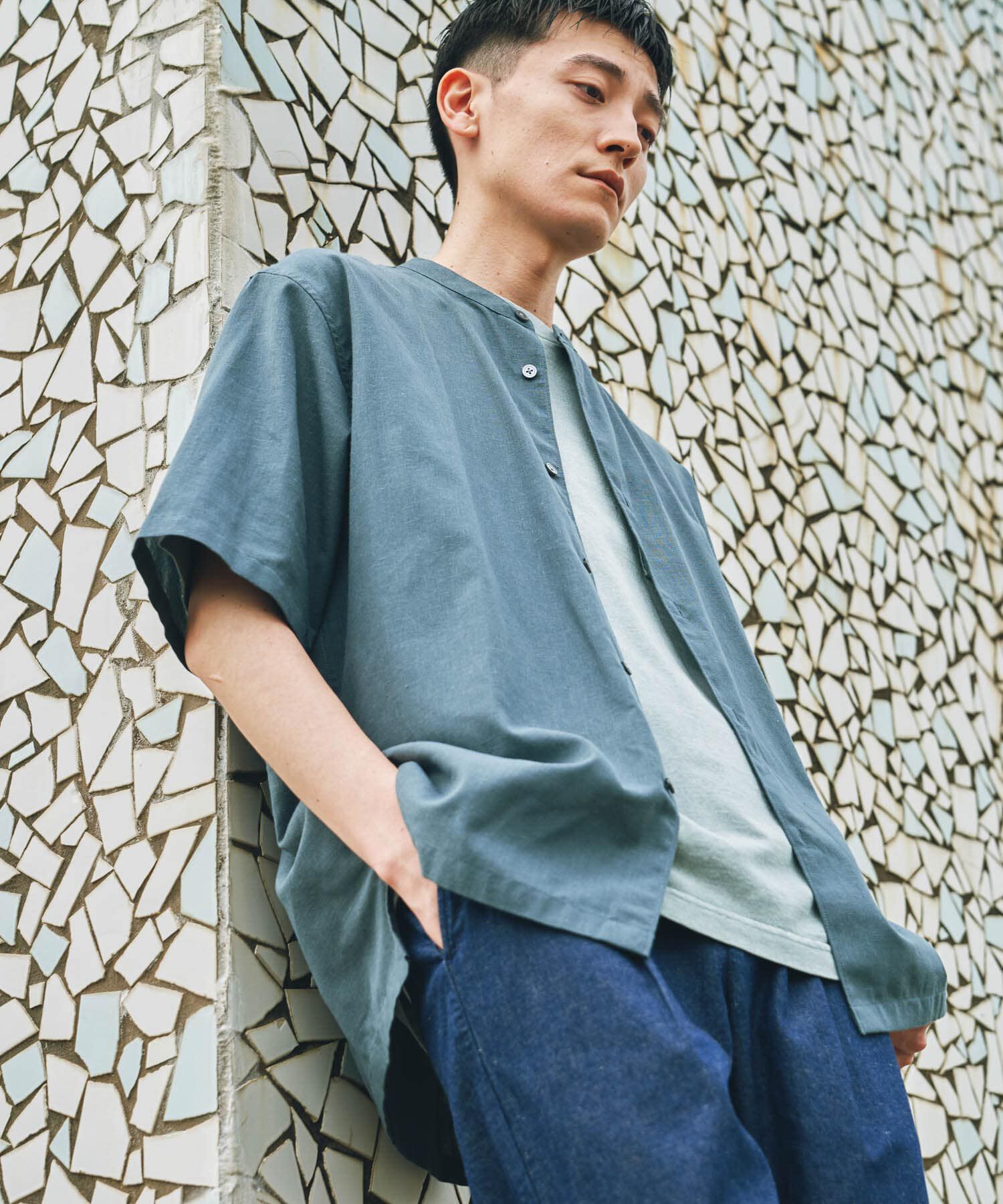 URBAN RESEARCH DOORS「『XLサイズ/WEB限定』『UR TECH 高機能リネン』バンドカラーシャツ」|シャツ・ブラウス|ブルー