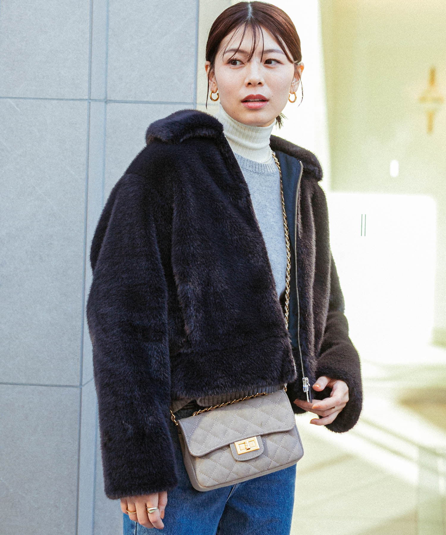 URBAN RESEARCH ROSSO「F by ROSSO　ファーZIPショートコート」|ノーカラーコート|ネイビー