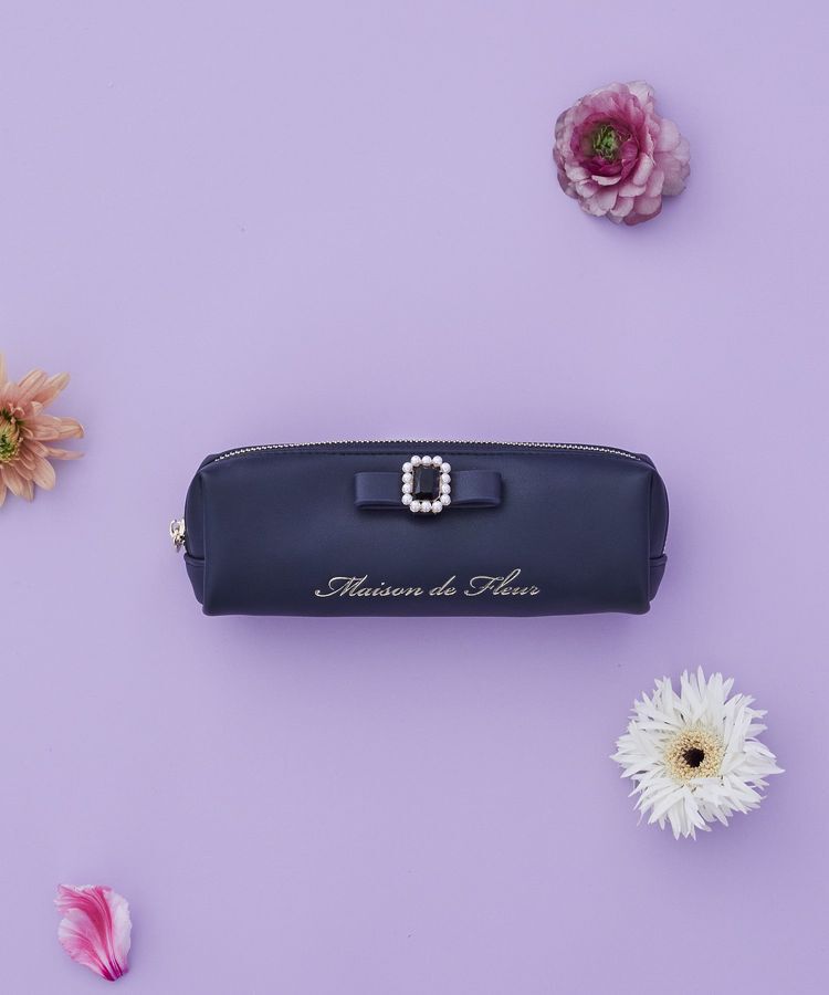 Maison de FLEUR「パールビジュー合皮リボンロングポーチ」|ポーチ|ネイビー