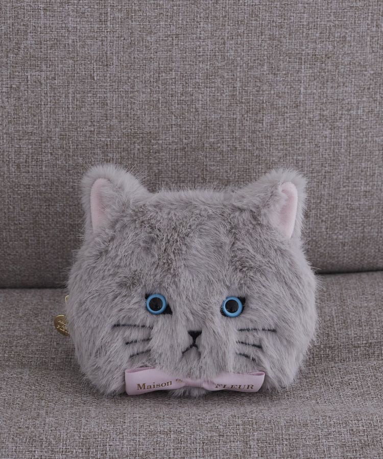 Maison de FLEUR「ねこフェイスポーチ」|ポーチ|ライトグレー