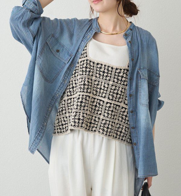  「シアーデニムバンドカラーブラウス」|シャツ・ブラウス|インディゴブルー