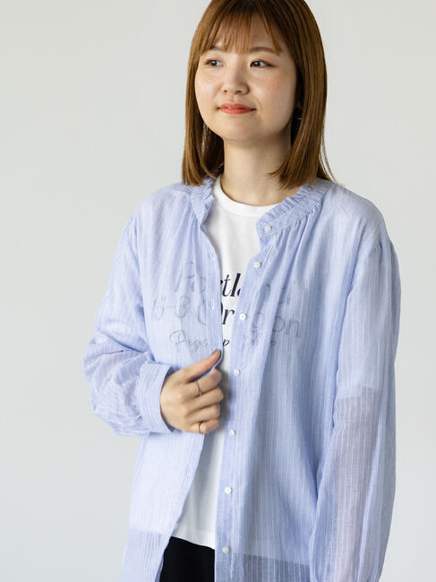 Lugnoncure「先染めストライプフリル衿シャツ」|シャツ・ブラウス|ブルー