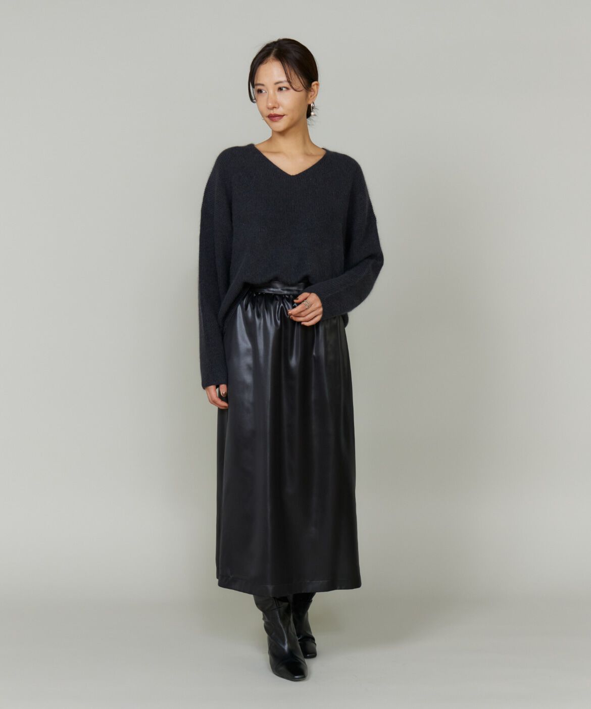 Le Souk「《大きいサイズ》レザーライクギャザーストレートスカート」|台形|