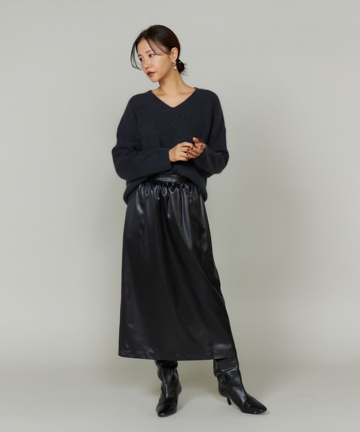 Le Souk「《大きいサイズ》レザーライクギャザーストレートスカート」|台形|