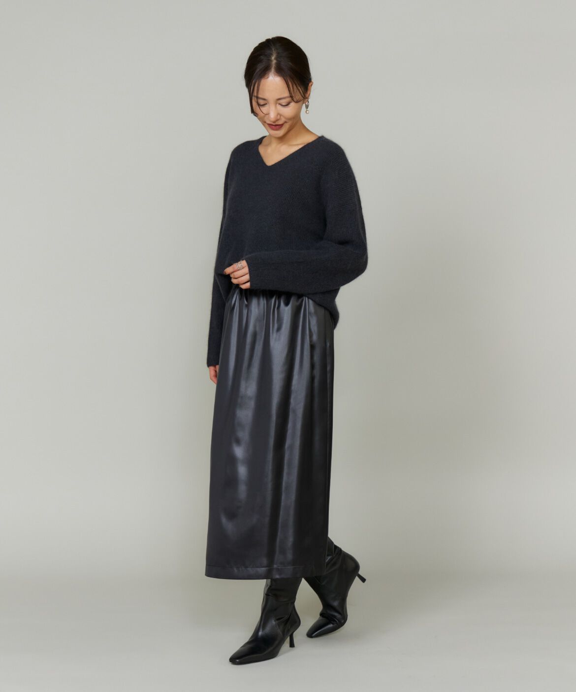 Le Souk「《大きいサイズ》レザーライクギャザーストレートスカート」|台形|