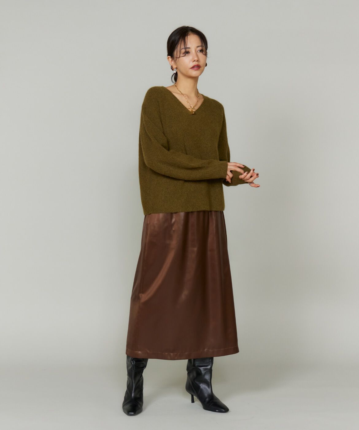 Le Souk「《大きいサイズ》レザーライクギャザーストレートスカート」|台形|