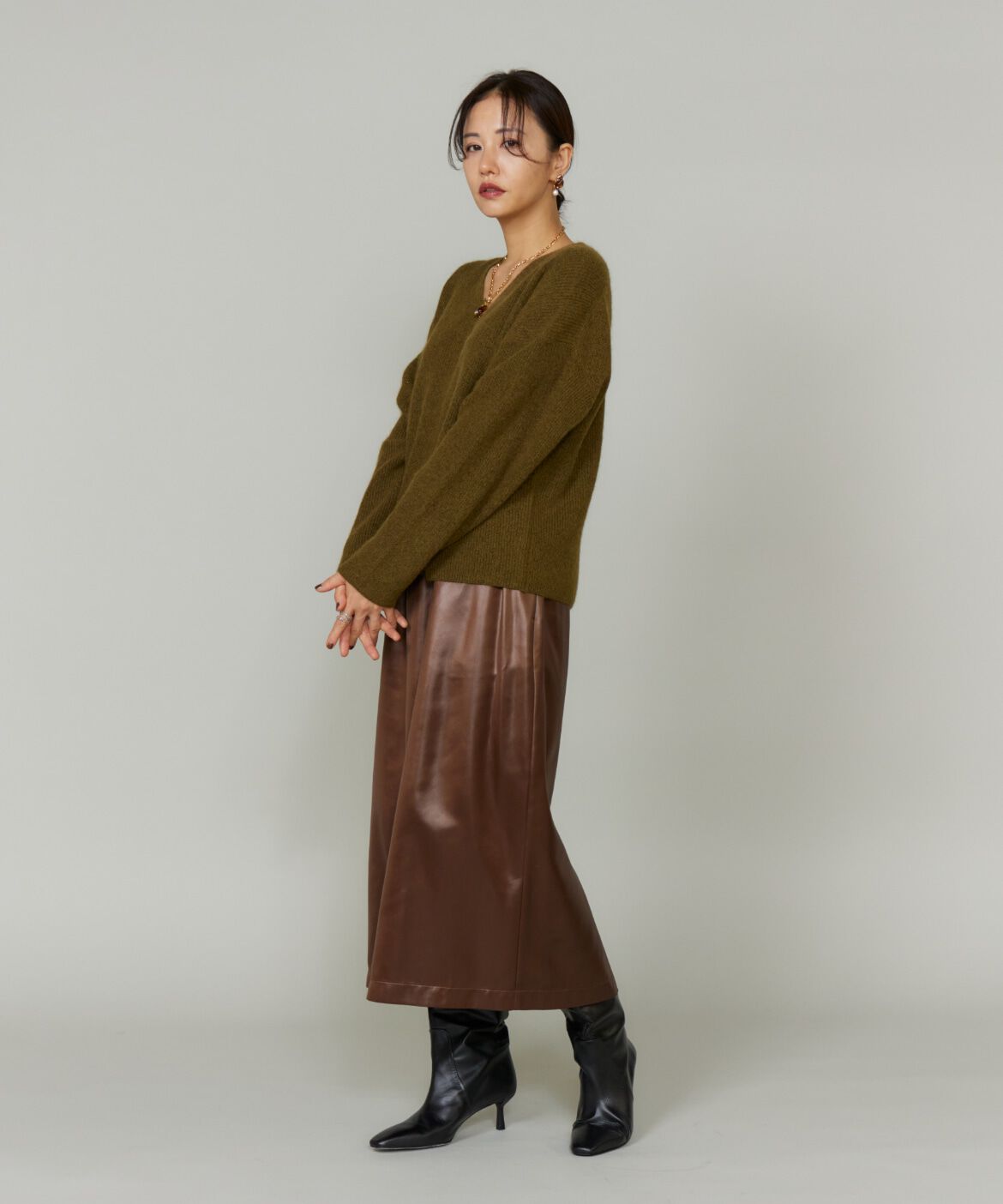 Le Souk「《大きいサイズ》レザーライクギャザーストレートスカート」|台形|