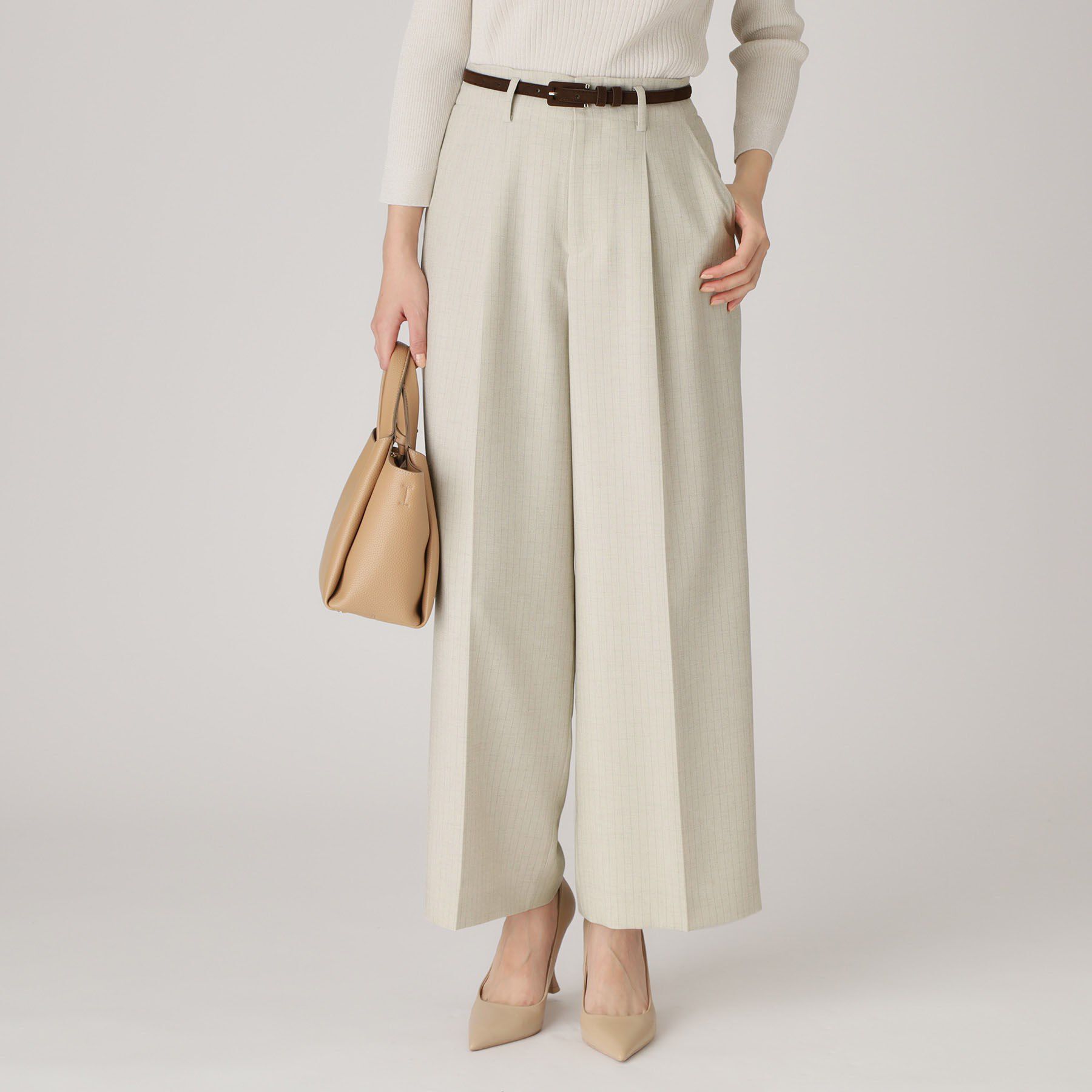 COUP DE CHANCE「【洗える／ウエスト後ろゴム】ストライプ柄ワイドパンツ」|その他|グレージュ(350)