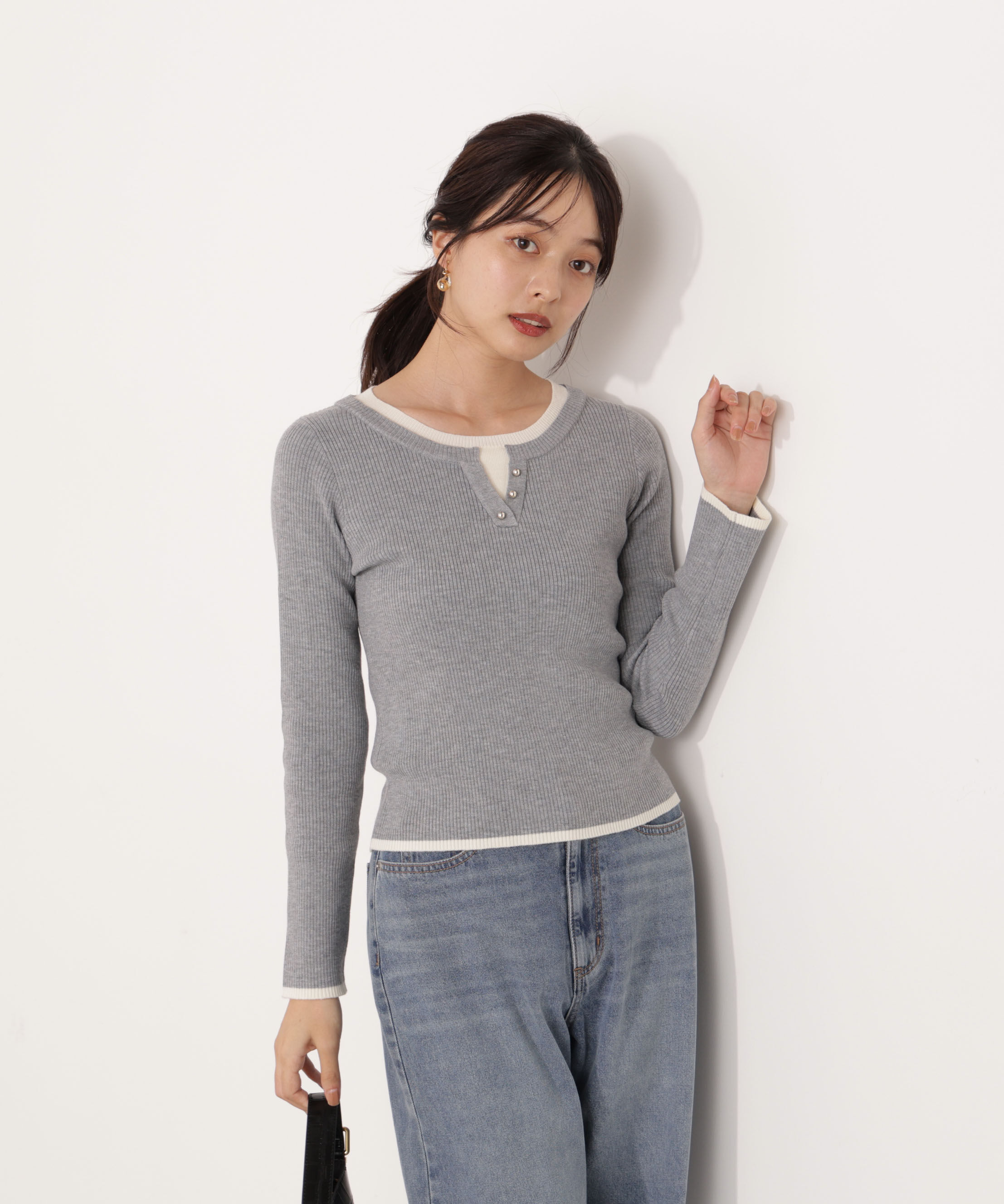 PROPORTION BODY DRESSING「＜ウォッシャブル＞レイヤード風ヘンリーネックニット 25AW」|ニット・セーター|