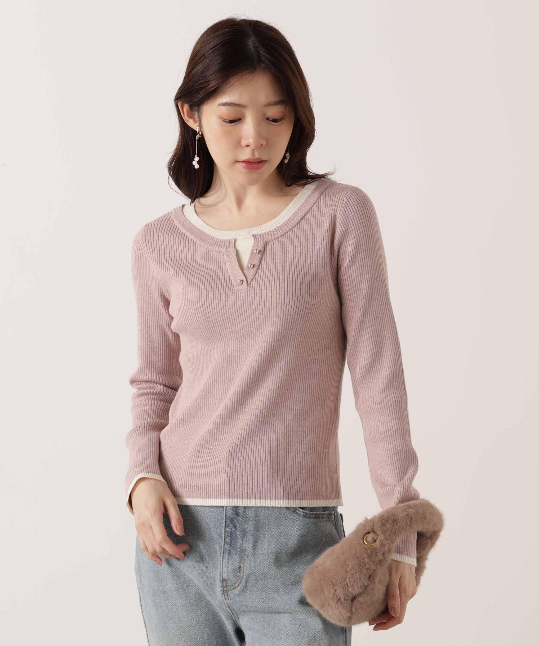 PROPORTION BODY DRESSING「＜ウォッシャブル＞レイヤード風ヘンリーネックニット 25AW」|ニット・セーター|ピンク&times;エクリ