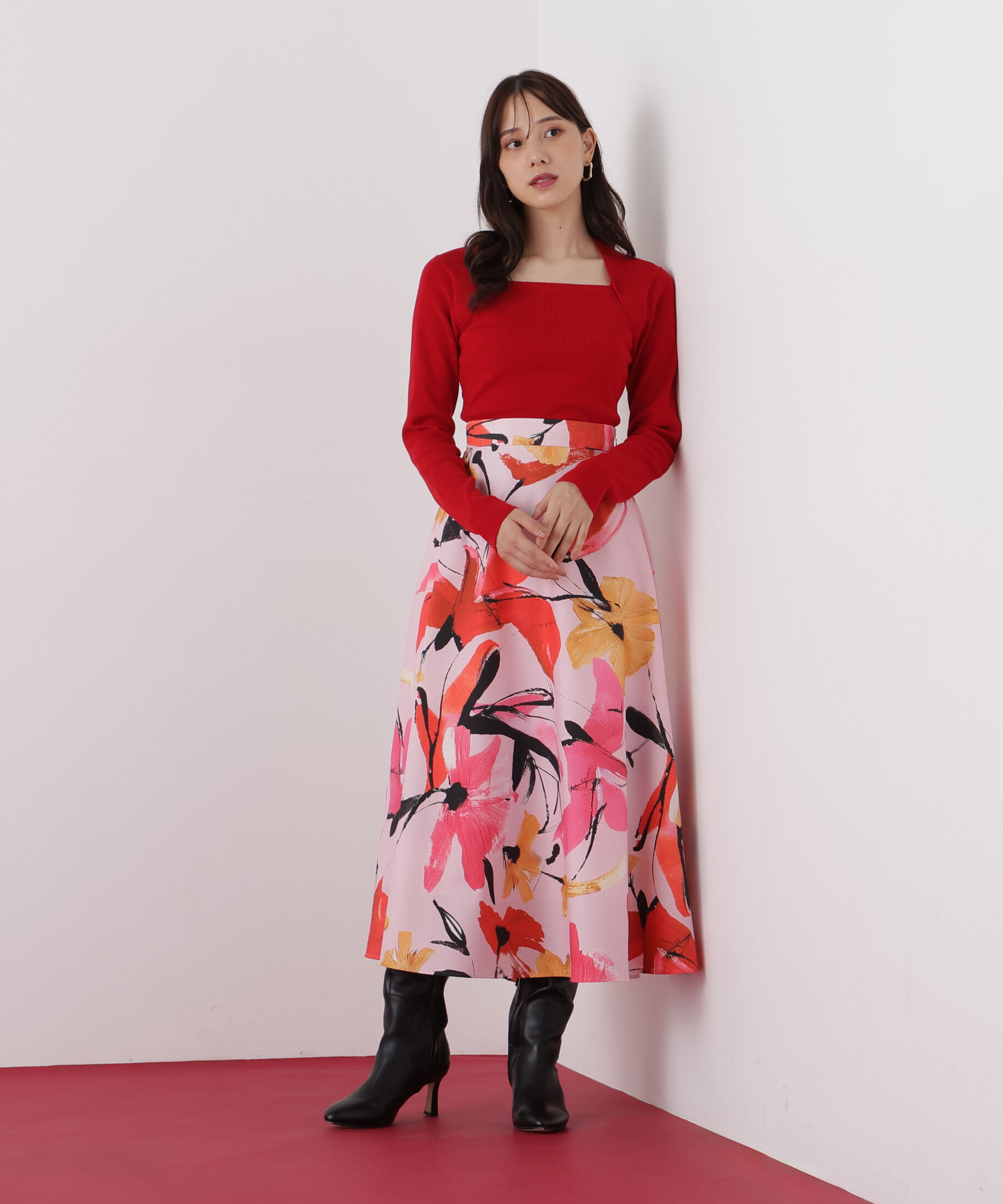  「◆フラワープリントタフタフレアースカート」|スカート|